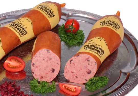 Wildschweinfleischleberwurst mit Preiselbeeren, ca. 850g.